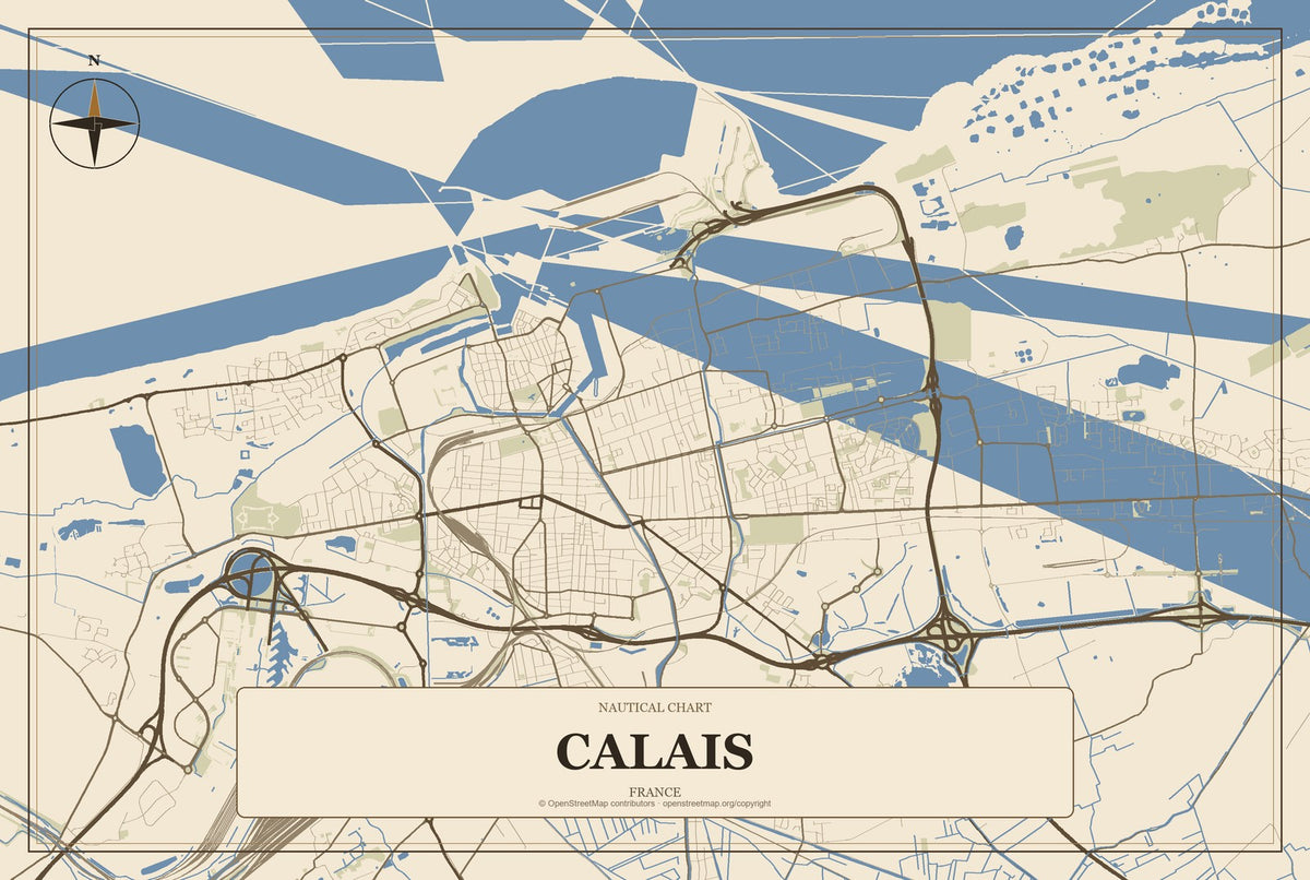 Calais, France City Map Aluminum Sign in Heritage Nautical style