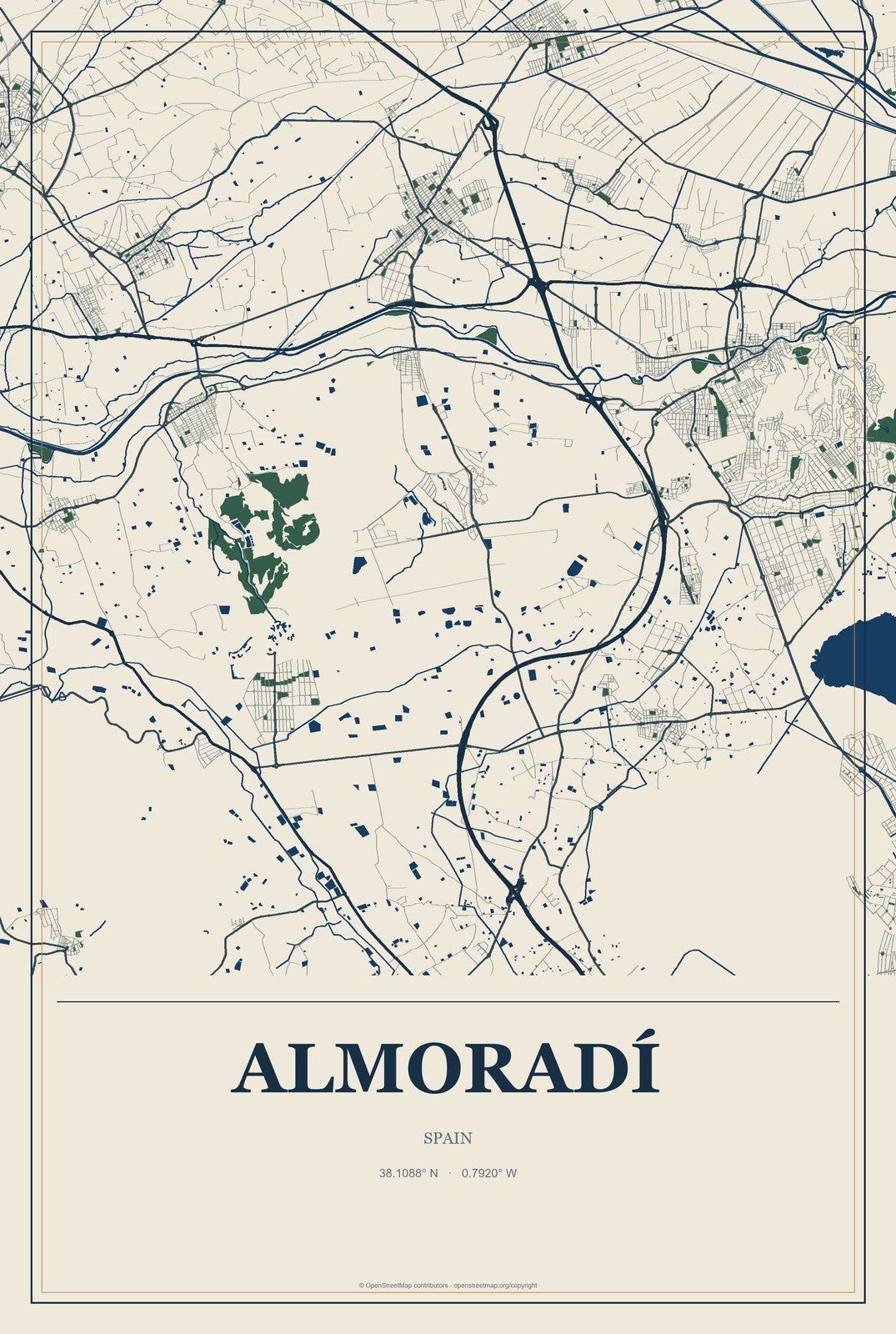 Almoradí, Spain City Map Aluminum Sign in Coastal Cutout style