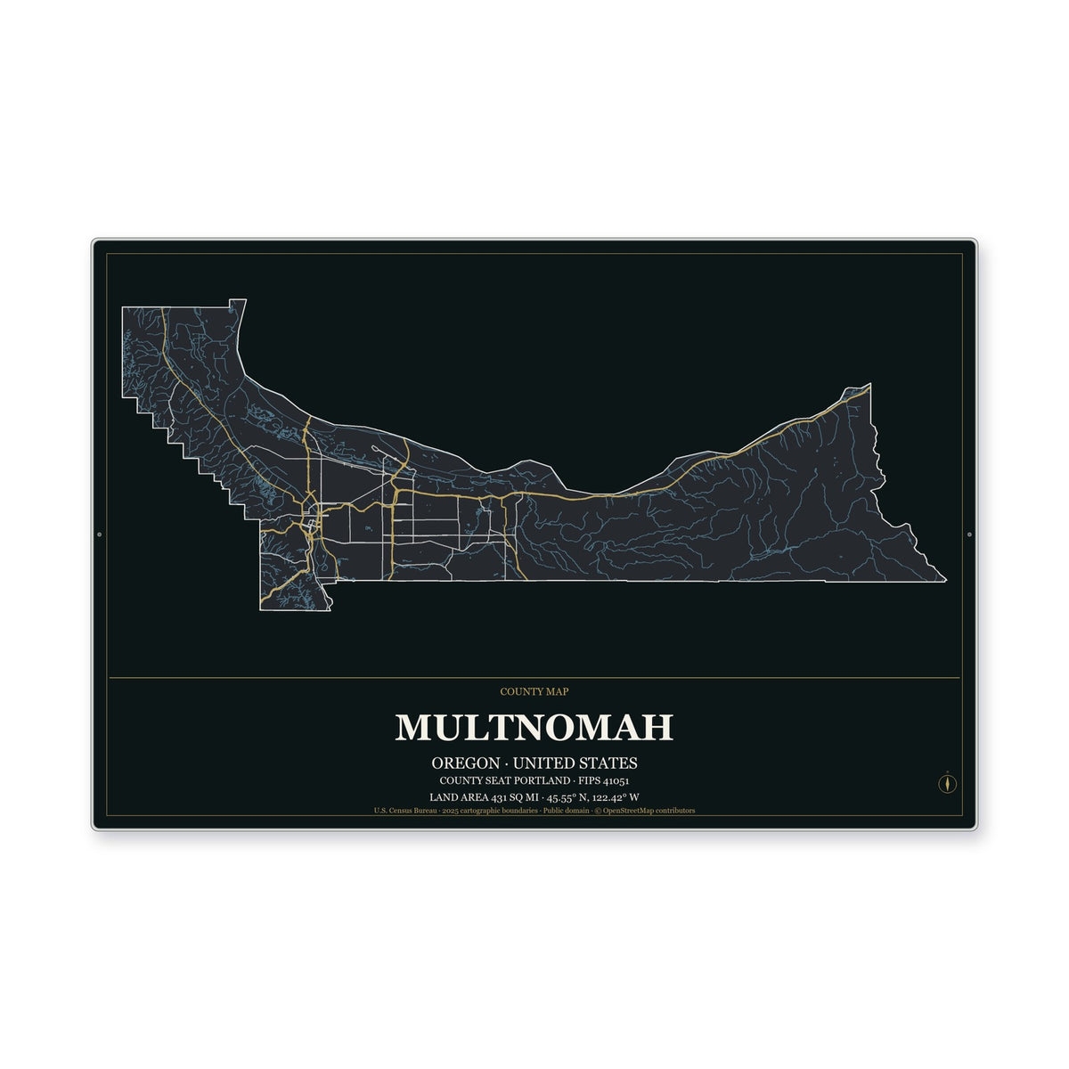 Multnomah County, Oregon Map Aluminum Sign in Metropolitan Noir style