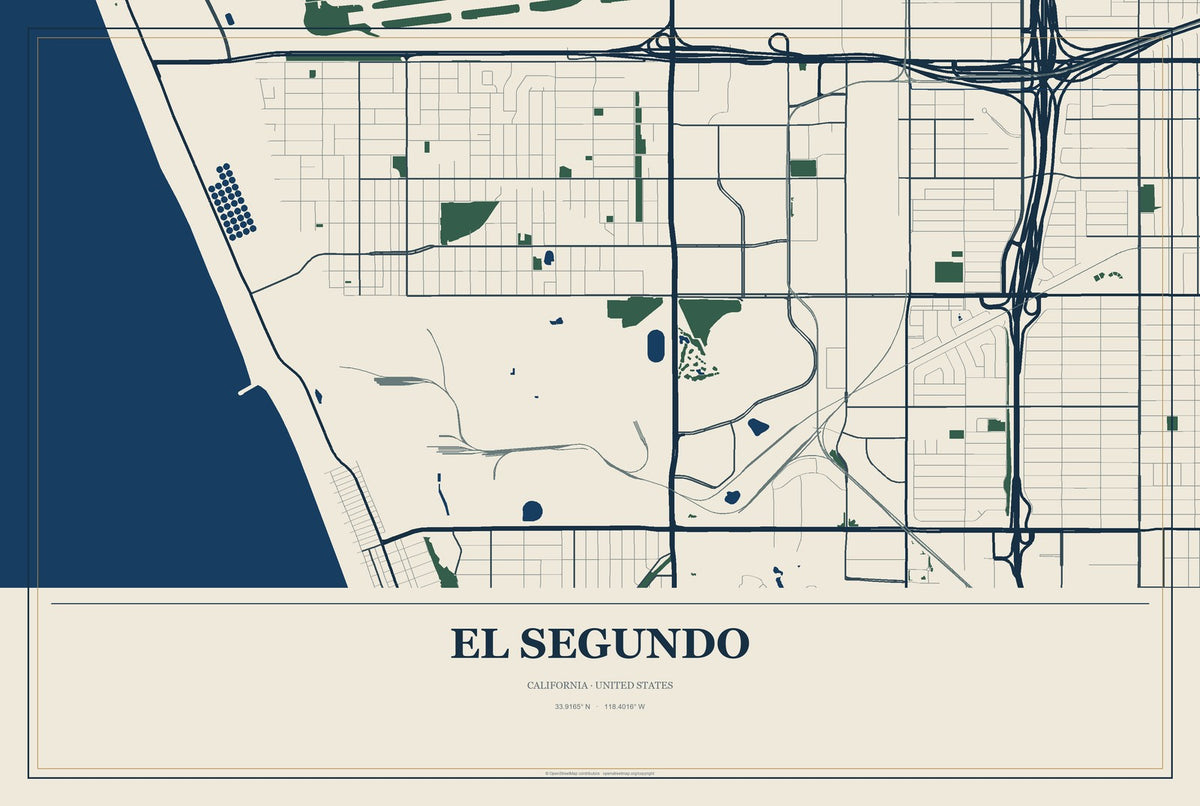 El Segundo, California City Map Aluminum Sign in Coastal Cutout style