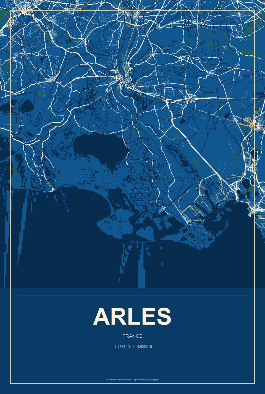 Arles, France City Map Aluminum Sign in Harbor Cobalt style