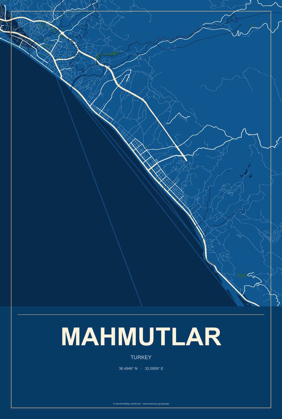 Mahmutlar, Turkey City Map Aluminum Sign in Harbor Cobalt style