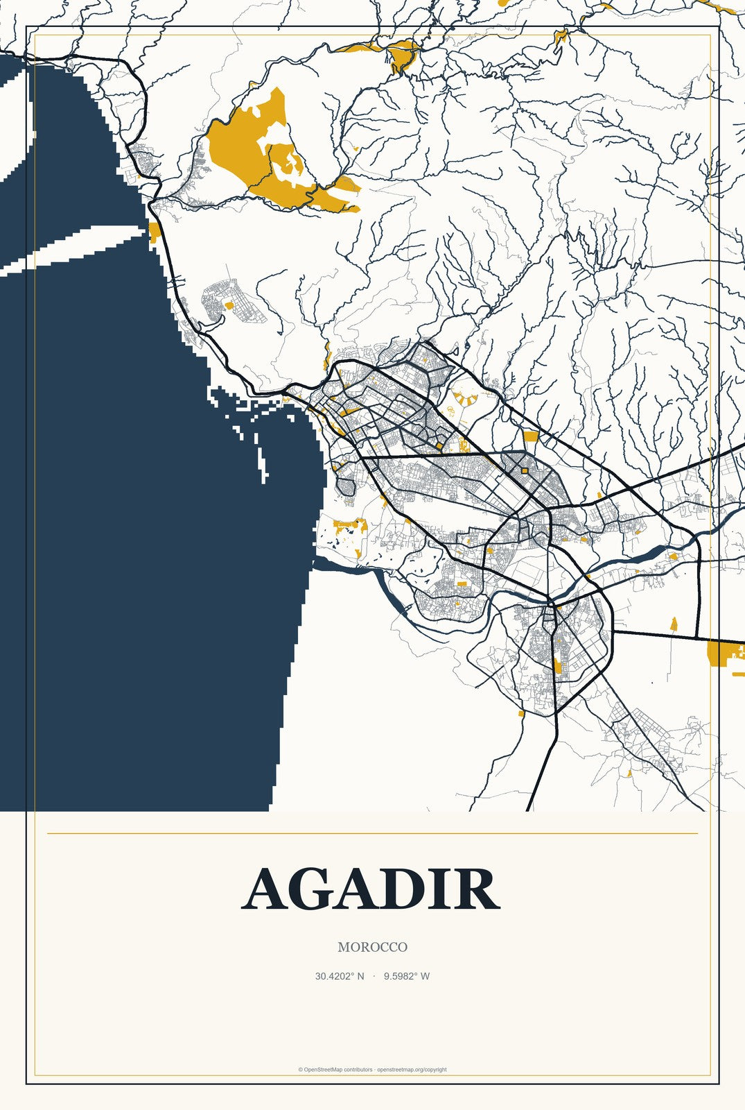 Agadir, Morocco City Map Aluminum Sign in Citrine Modern style