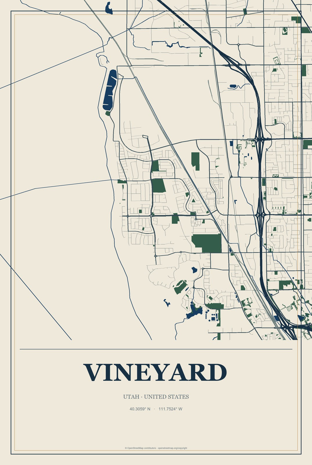 Vineyard, Utah City Map Aluminum Sign in Coastal Cutout style