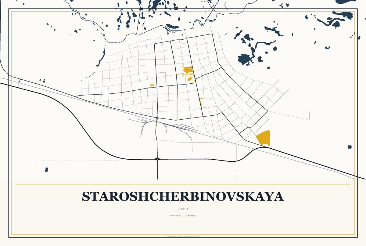 Staroshcherbinovskaya, Russia City Map Aluminum Sign in Citrine Modern style