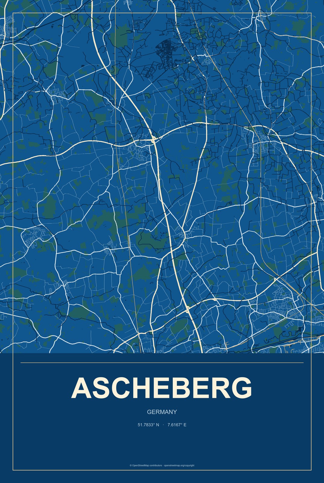 Ascheberg, Germany City Map Aluminum Sign in Harbor Cobalt style