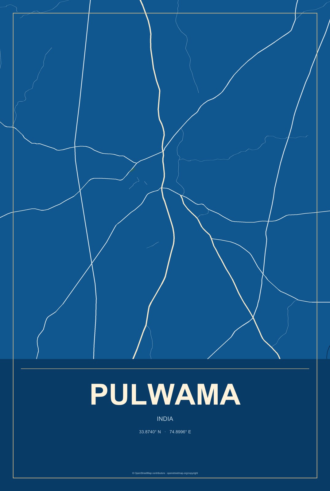 Pulwama, India City Map Aluminum Sign in Harbor Cobalt style