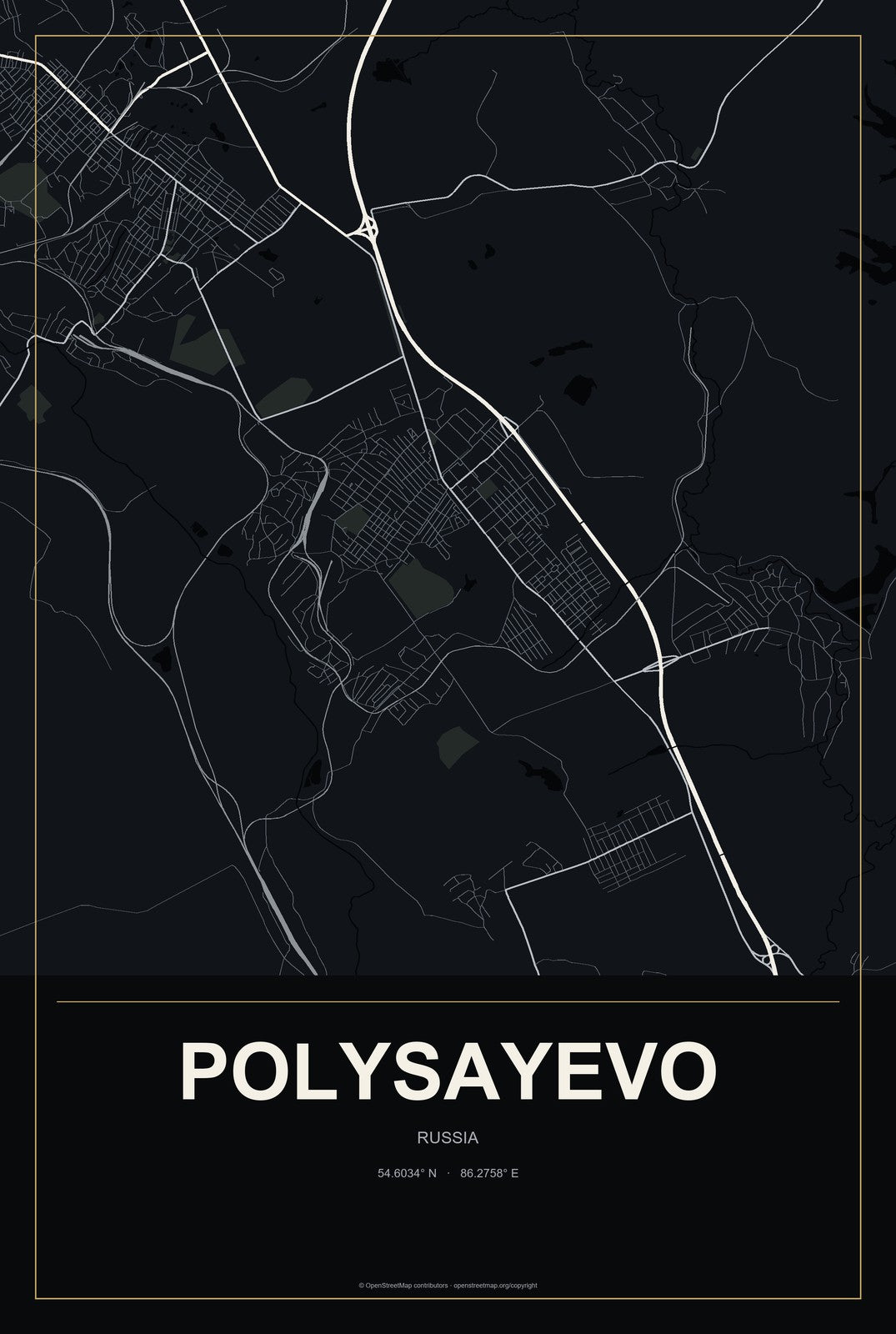 Polysayevo, Russia City Map Aluminum Sign in Metropolitan Noir style