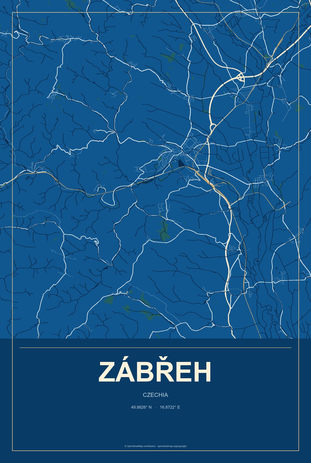 Zábřeh, Czechia City Map Aluminum Sign in Harbor Cobalt style