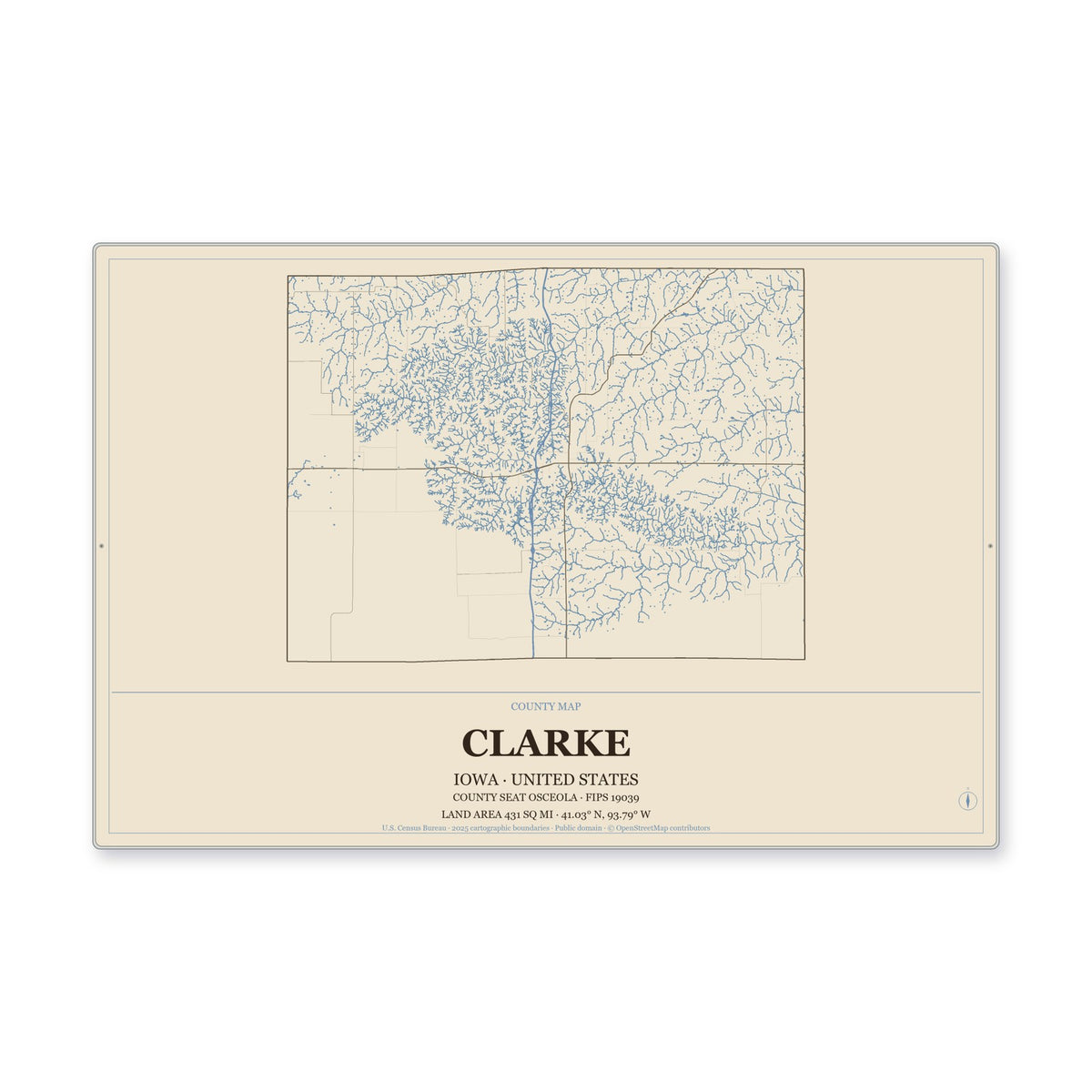 Clarke County, Iowa Map Aluminum Sign in Heritage Nautical style
