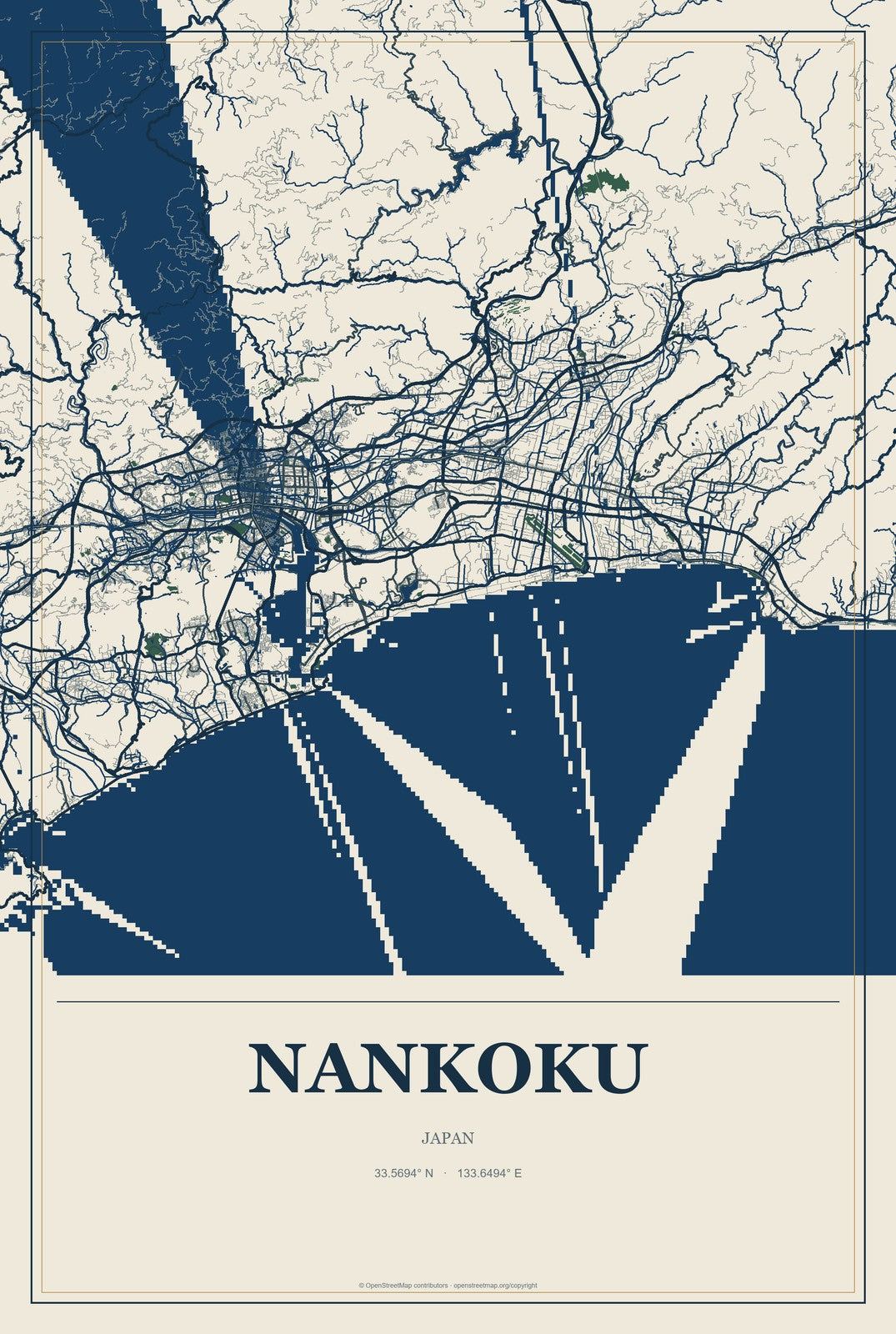 Nankoku, Japan City Map Aluminum Sign in Coastal Cutout style