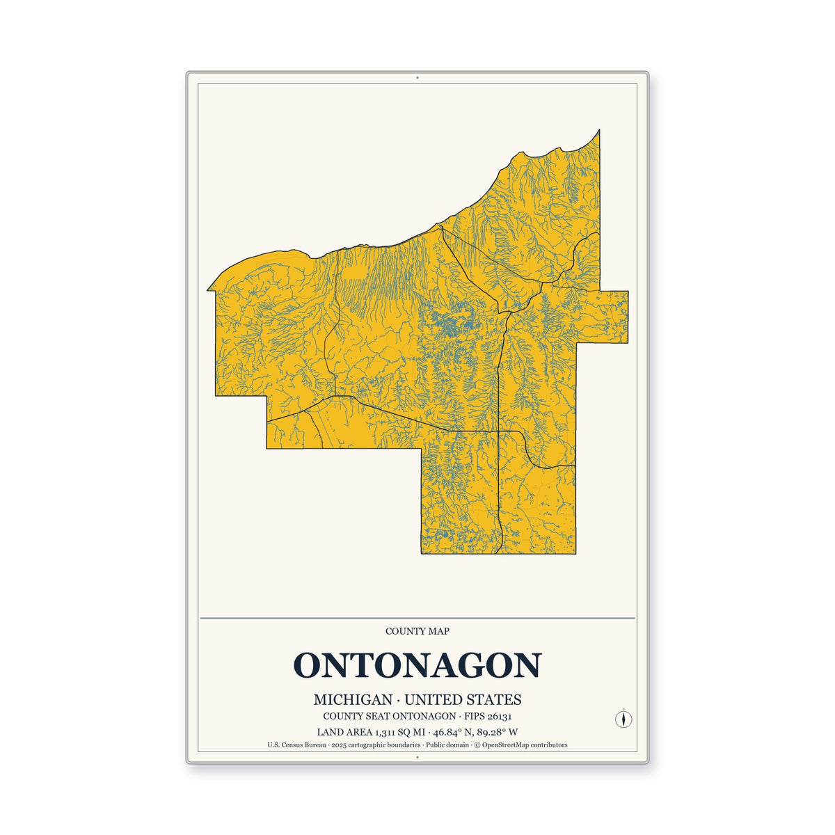 Ontonagon County, Michigan Map Aluminum Sign in Citrine Modern style