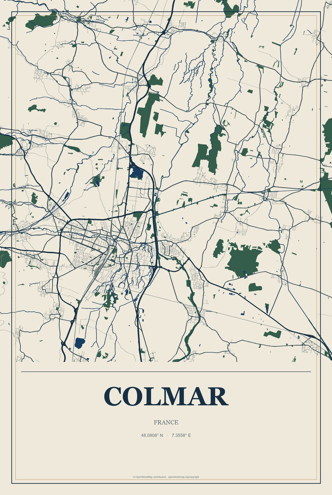 Colmar, France City Map Aluminum Sign in Coastal Cutout style