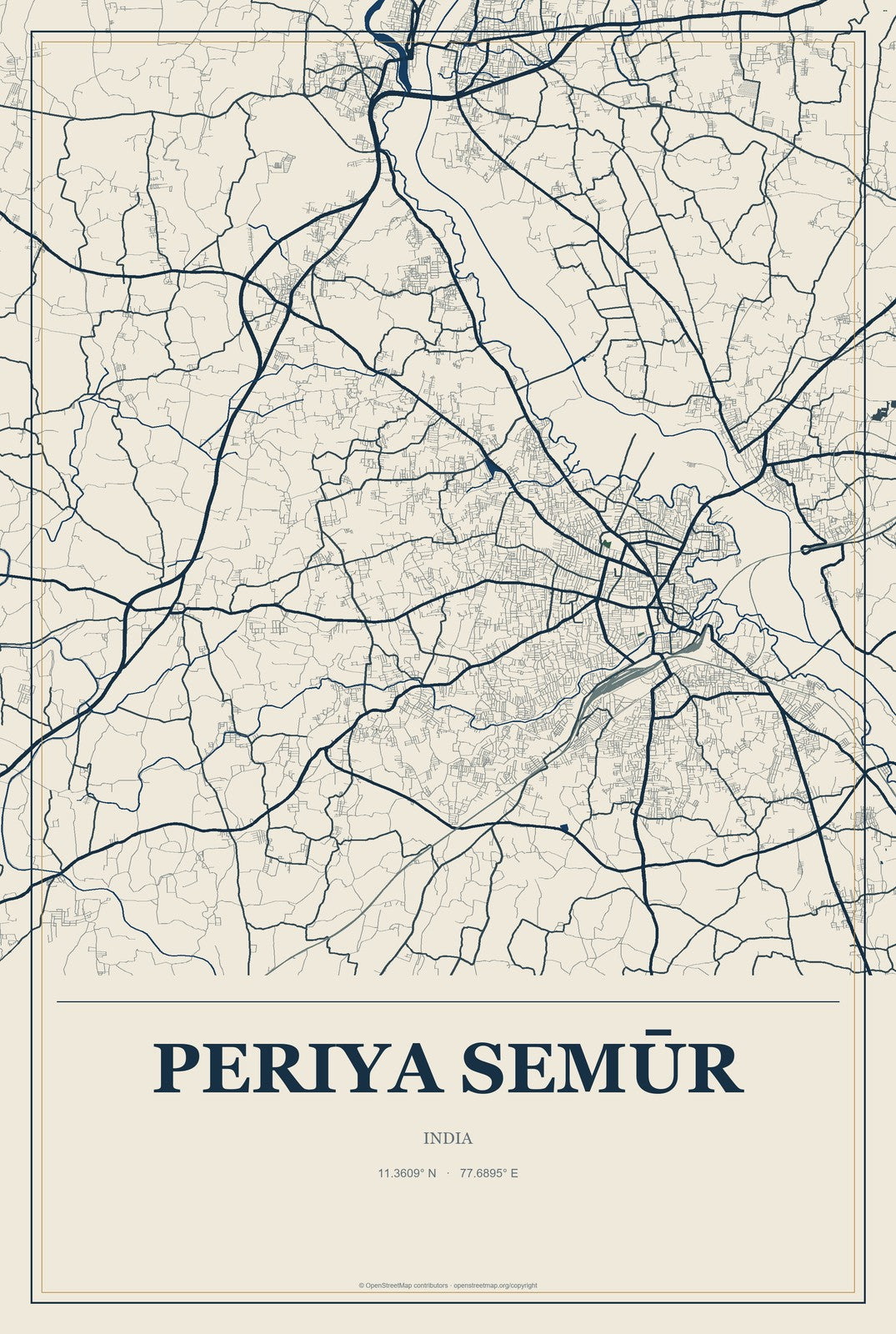 Periya Semūr, India City Map Aluminum Sign in Coastal Cutout style
