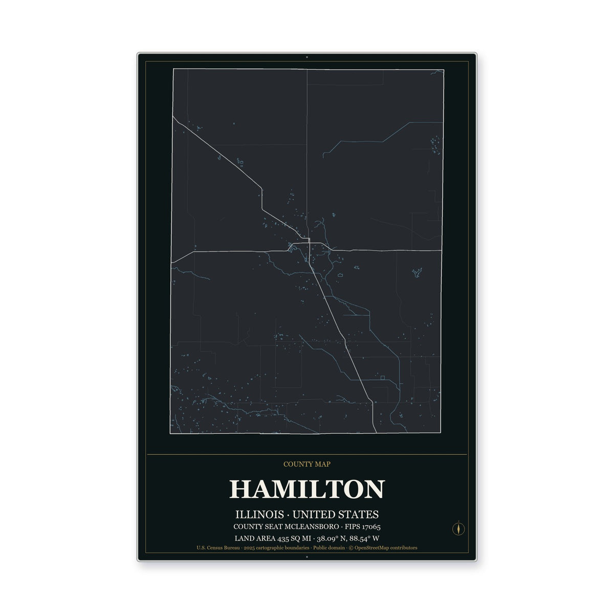 Hamilton County, Illinois Map Aluminum Sign in Metropolitan Noir style