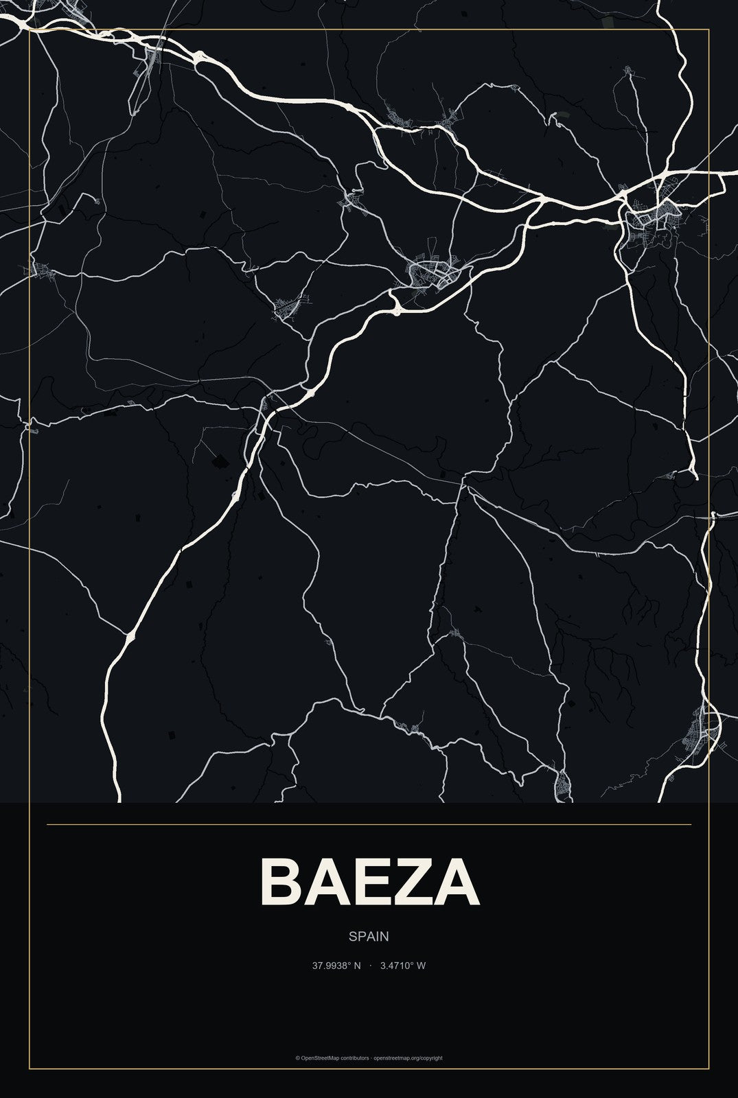 Baeza, Spain City Map Aluminum Sign in Metropolitan Noir style
