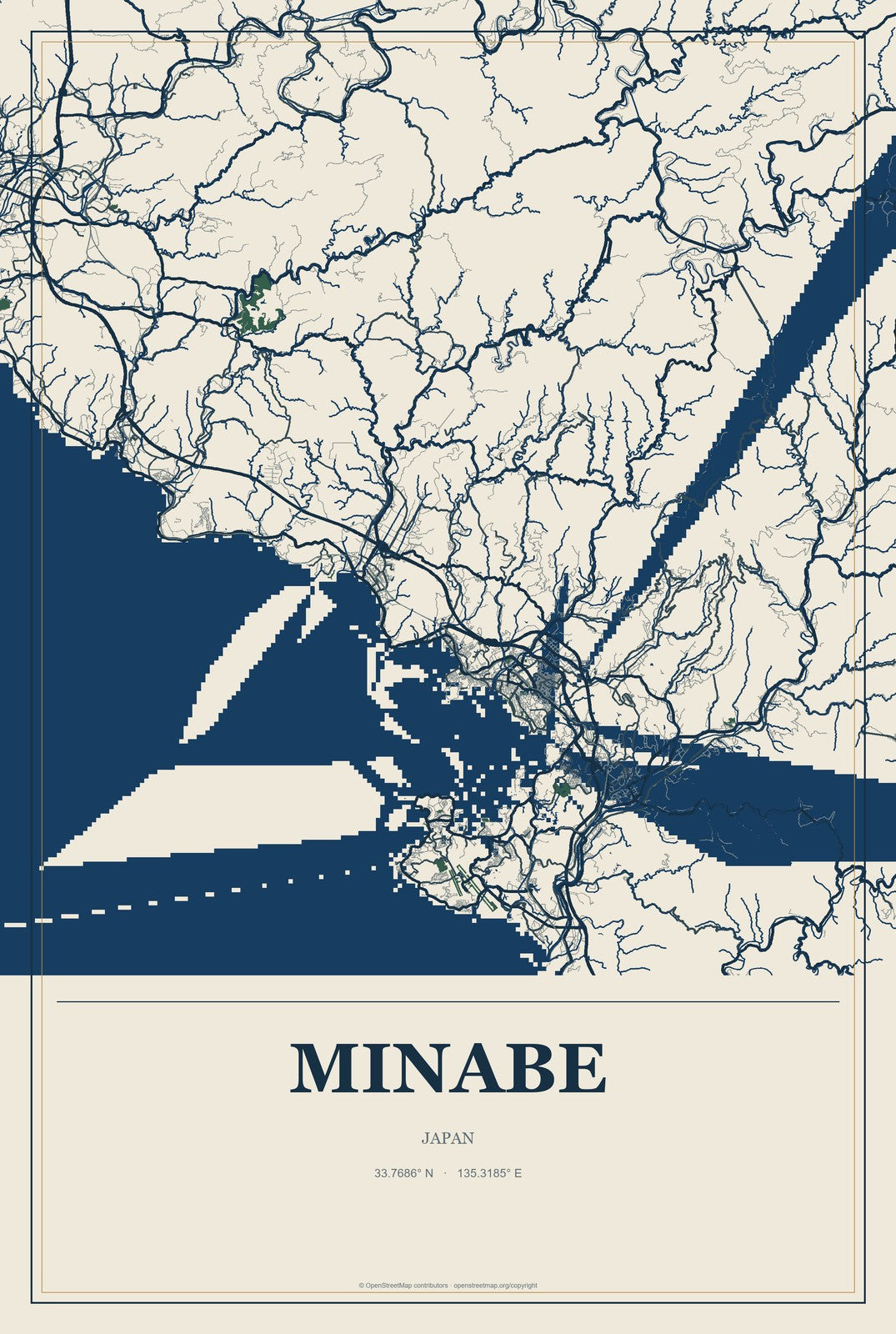 Minabe, Japan City Map Aluminum Sign in Coastal Cutout style