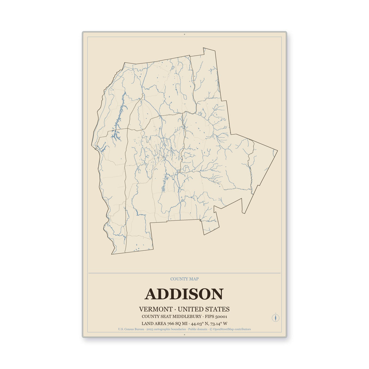 Addison County, Vermont Map Aluminum Sign in Heritage Nautical style
