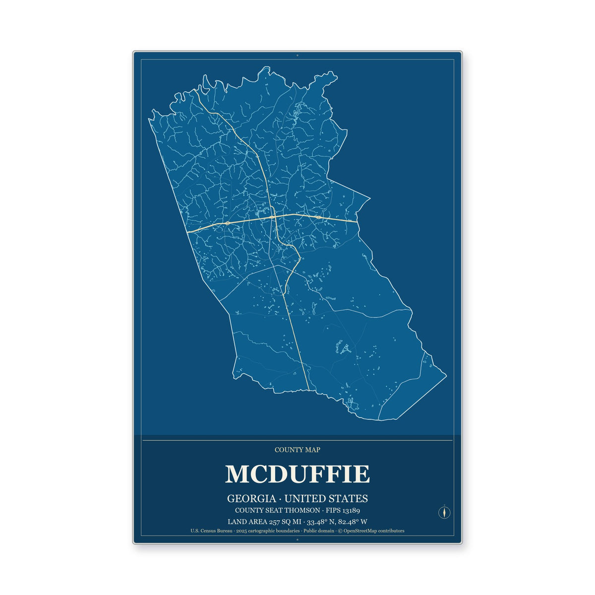 McDuffie County, Georgia Map Aluminum Sign in Harbor Cobalt style