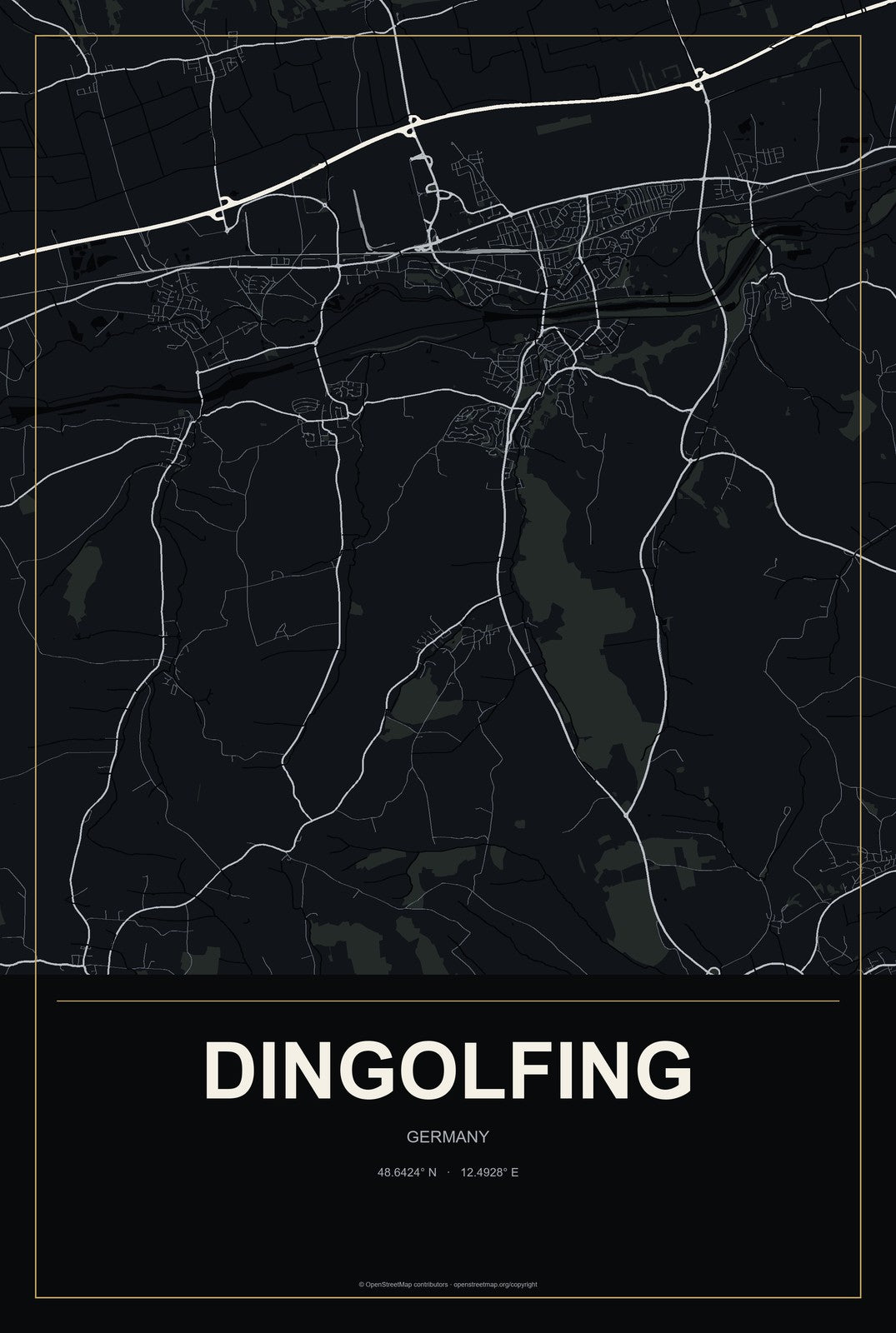 Dingolfing, Germany City Map Aluminum Sign in Metropolitan Noir style