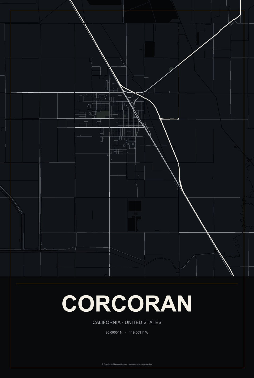 Corcoran, California City Map Aluminum Sign in Metropolitan Noir style