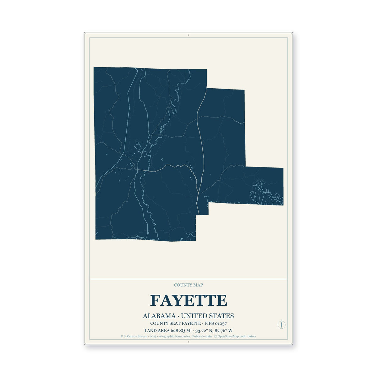 Fayette County, Alabama Map Aluminum Sign in Coastal Cutout style