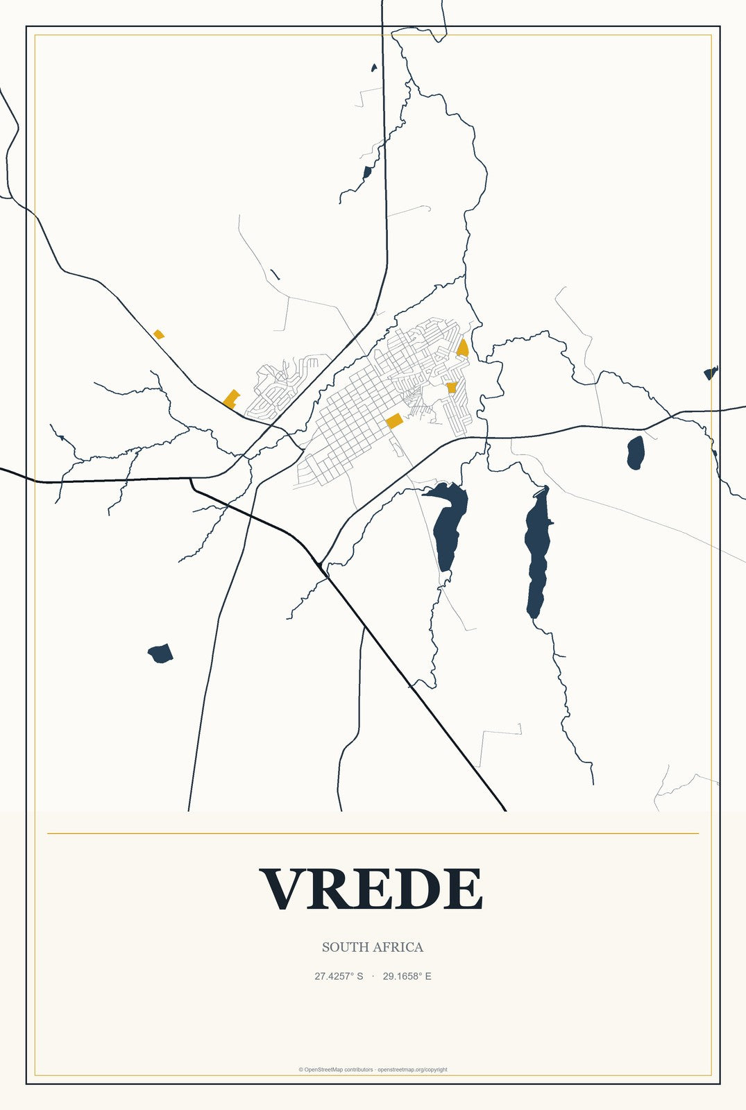Vrede, South Africa City Map Aluminum Sign in Citrine Modern style
