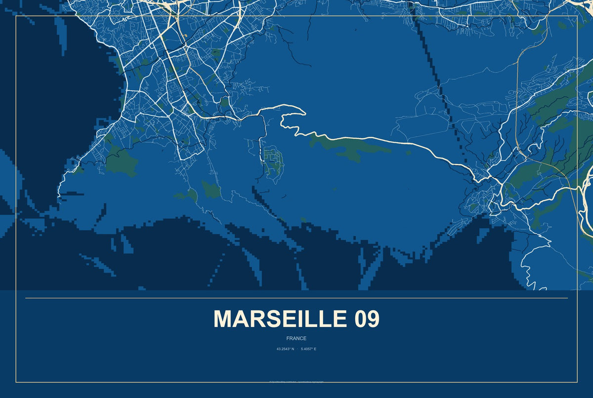 Marseille 09, France City Map Aluminum Sign in Harbor Cobalt style