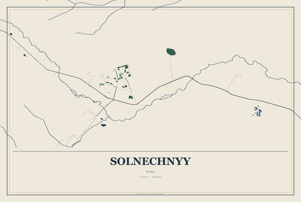 Solnechnyy, Russia City Map Aluminum Sign in Coastal Cutout style