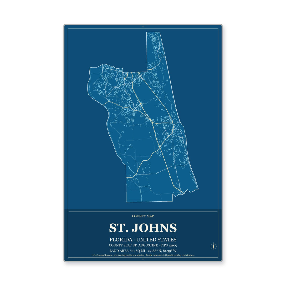 St. Johns County, Florida Map Aluminum Sign in Harbor Cobalt style