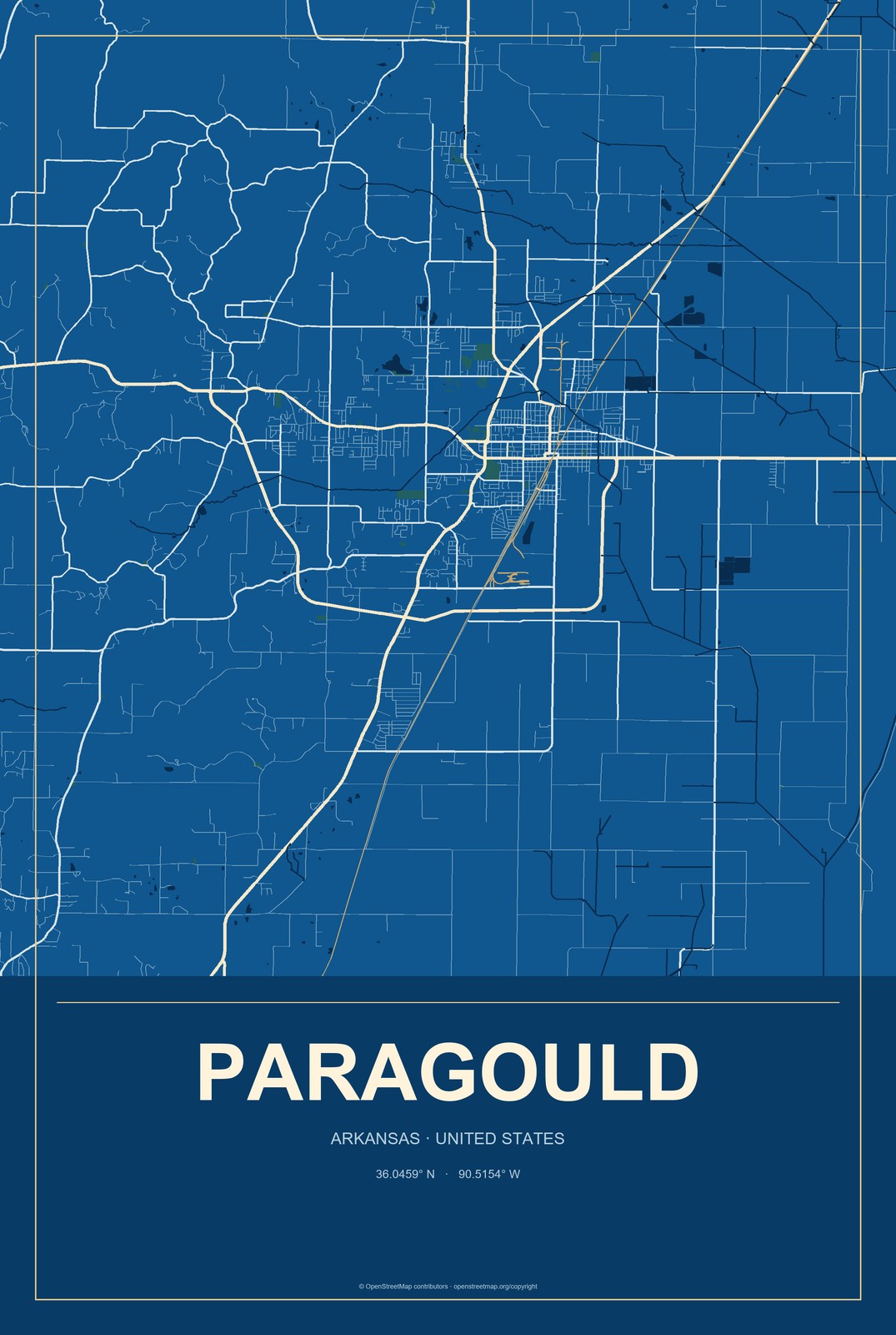 Paragould, Arkansas City Map Aluminum Sign in Harbor Cobalt style