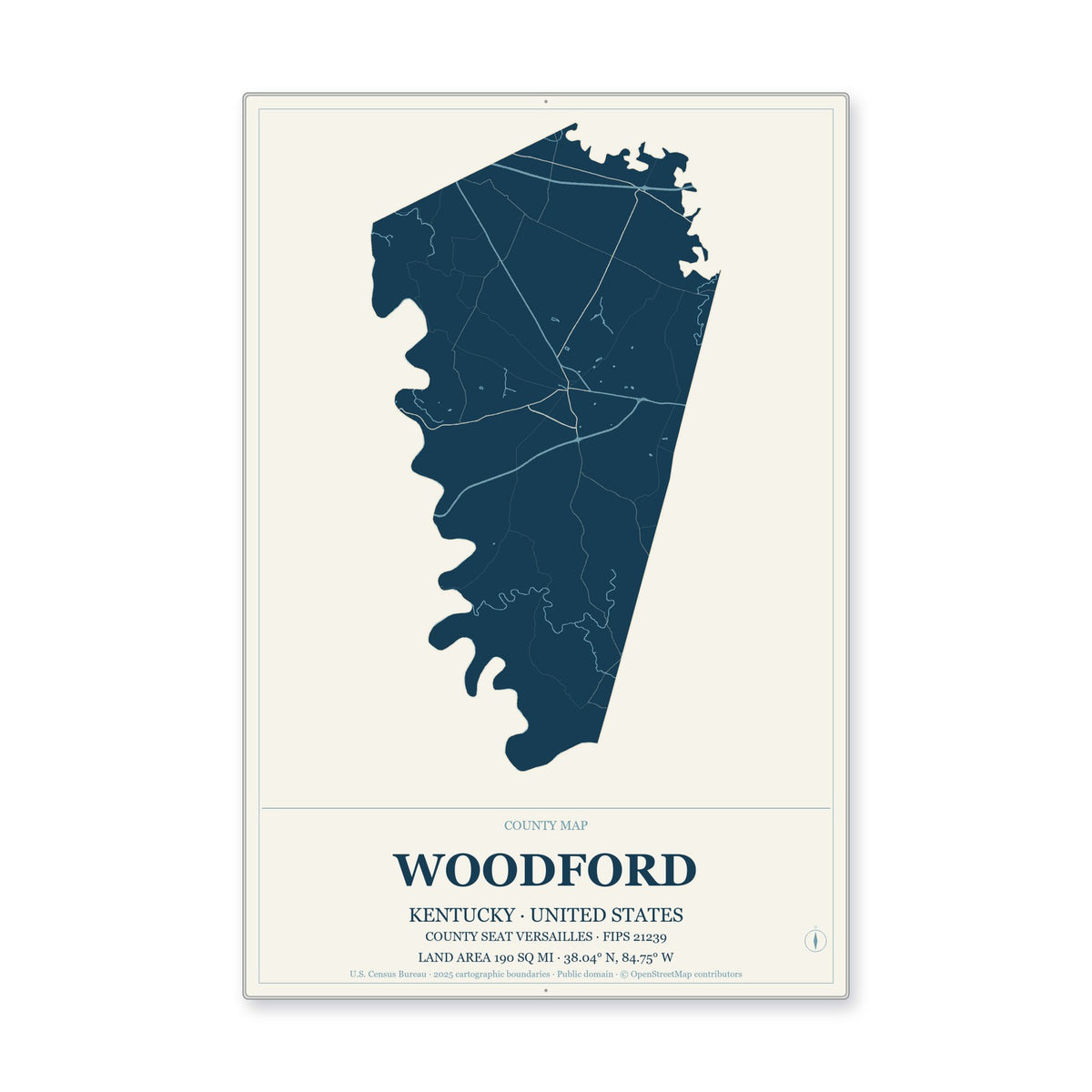 Woodford County, Kentucky Map Aluminum Sign in Coastal Cutout style