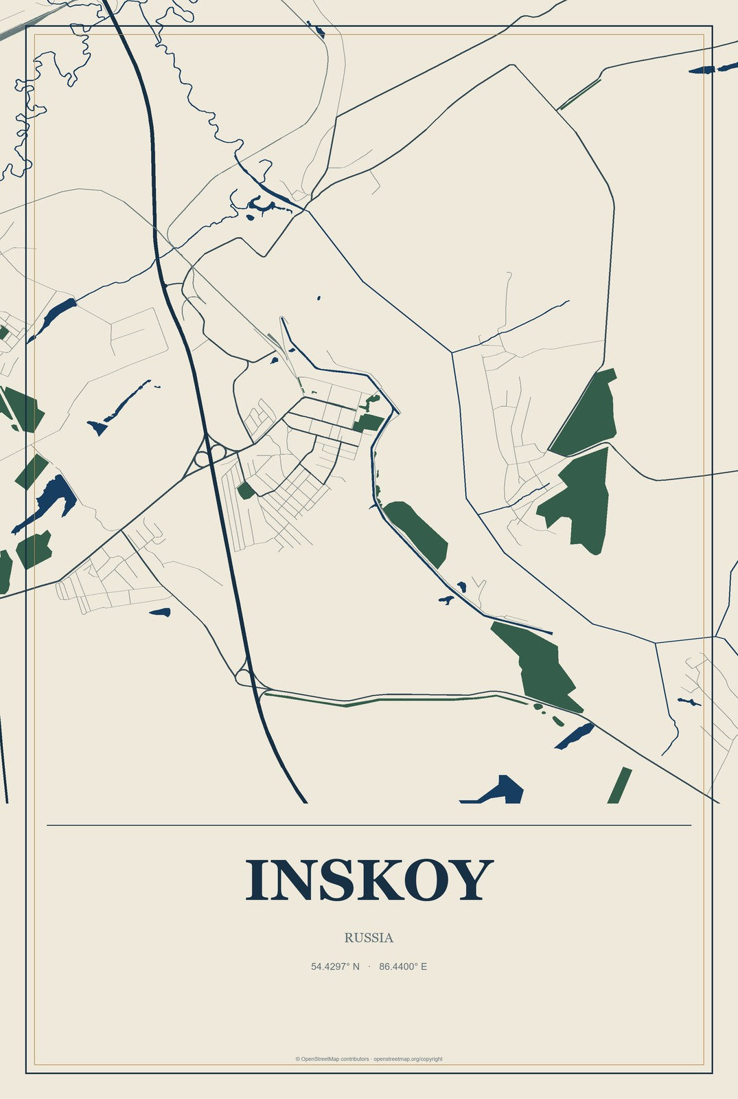 Inskoy, Russia City Map Aluminum Sign in Coastal Cutout style