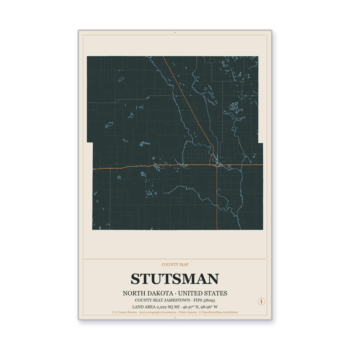 Stutsman County, North Dakota Map Aluminum Sign in Headline Atlas style