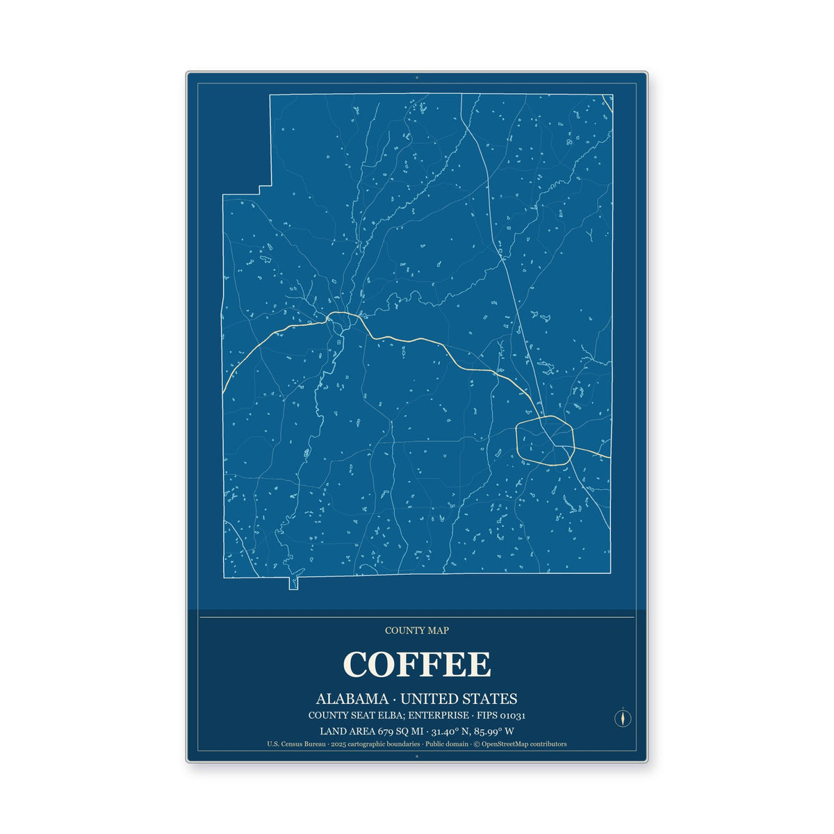 Coffee County, Alabama Map Aluminum Sign in Harbor Cobalt style