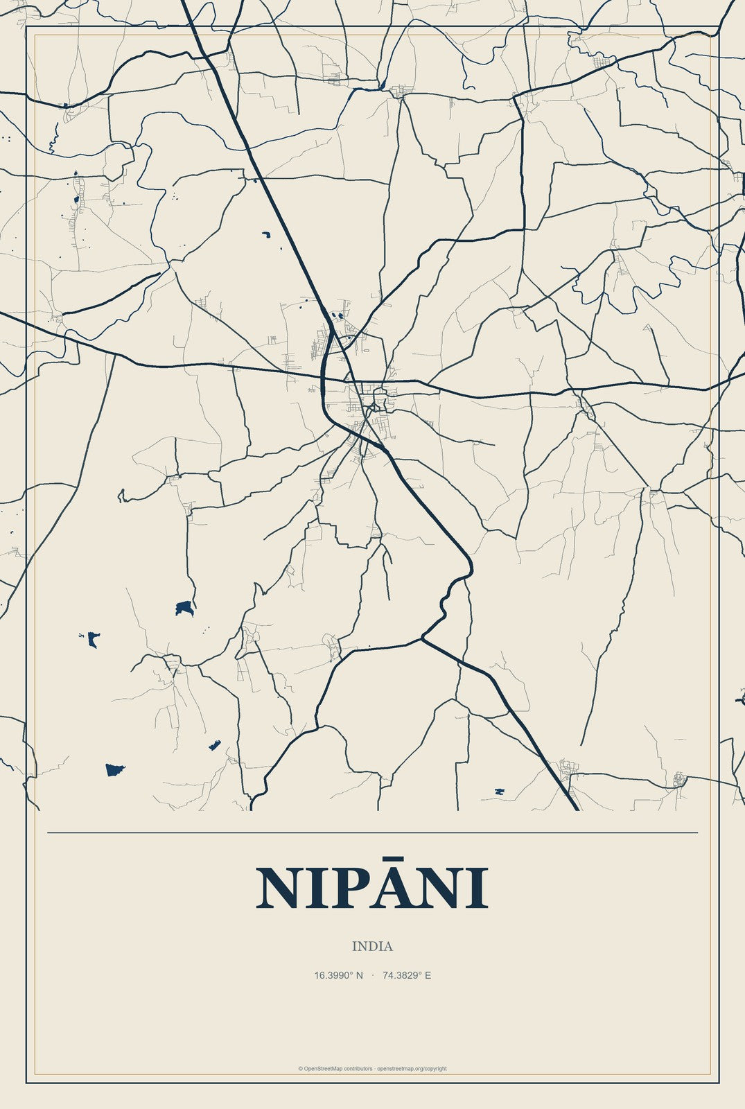 Nipāni, India City Map Aluminum Sign in Coastal Cutout style