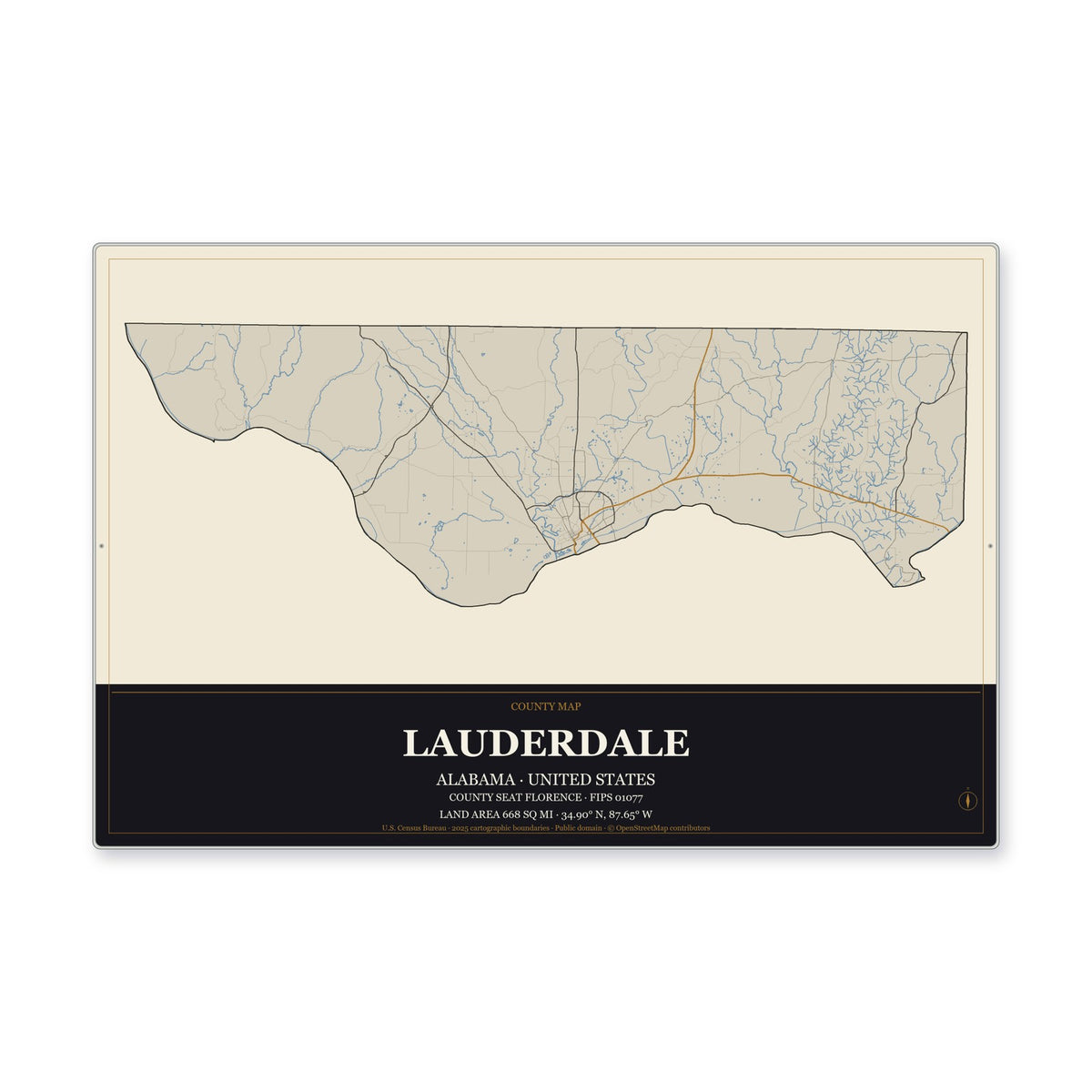 Lauderdale County, Alabama Map Aluminum Sign in Museum Plaque style
