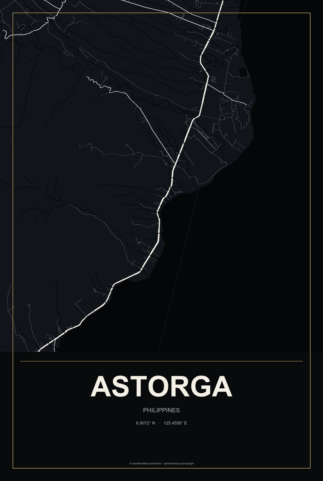 Astorga, Philippines City Map Aluminum Sign in Metropolitan Noir style