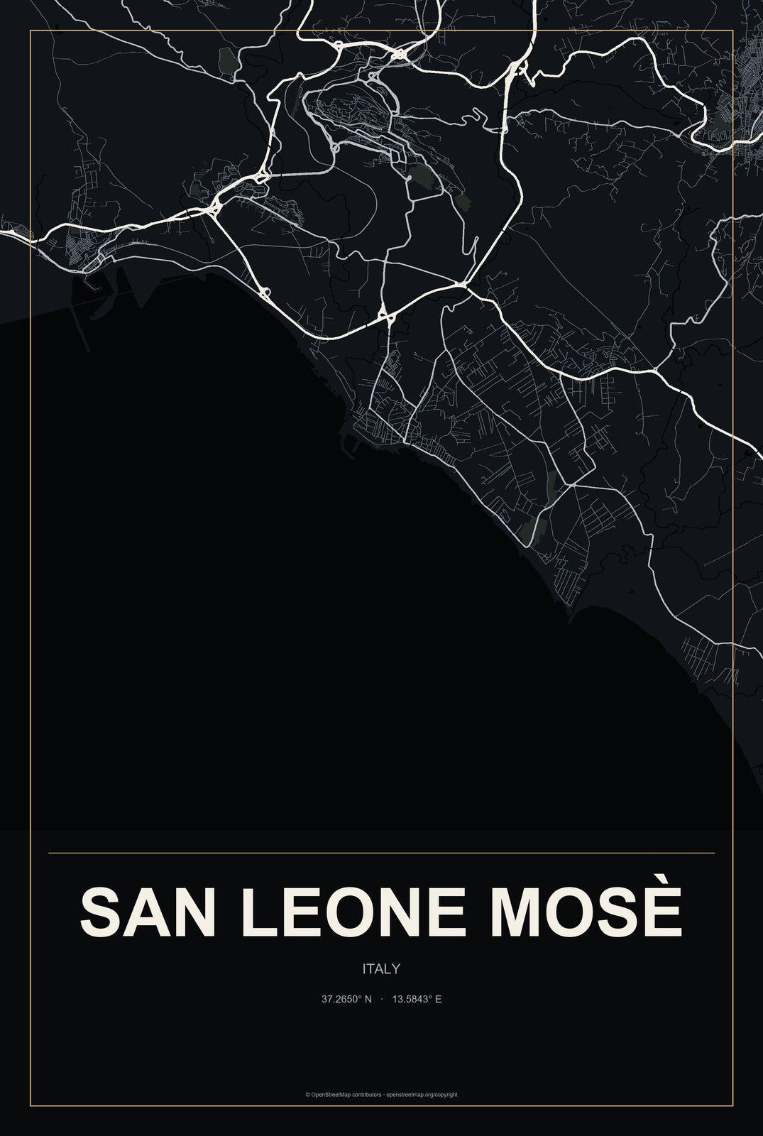 San Leone Mosè, Italy City Map Aluminum Sign in Metropolitan Noir style