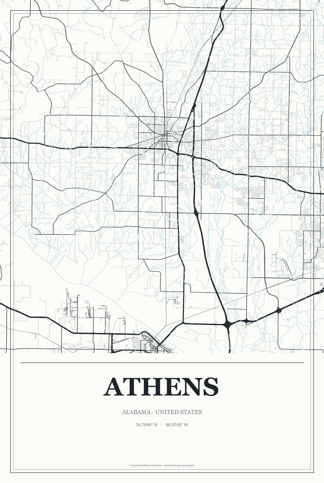 Athens, Alabama City Map Aluminum Sign in Gallery Air style