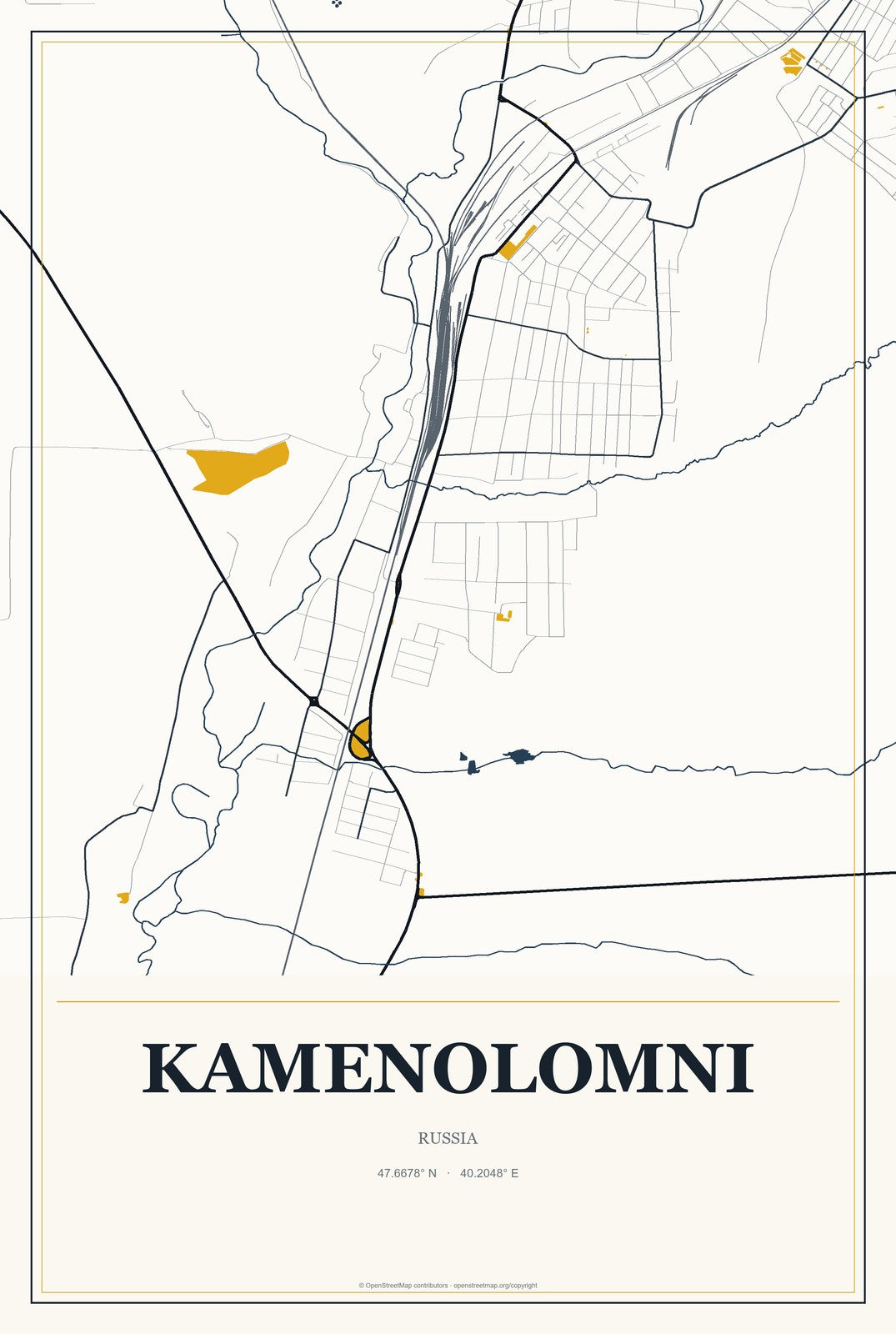 Kamenolomni, Russia City Map Aluminum Sign in Citrine Modern style