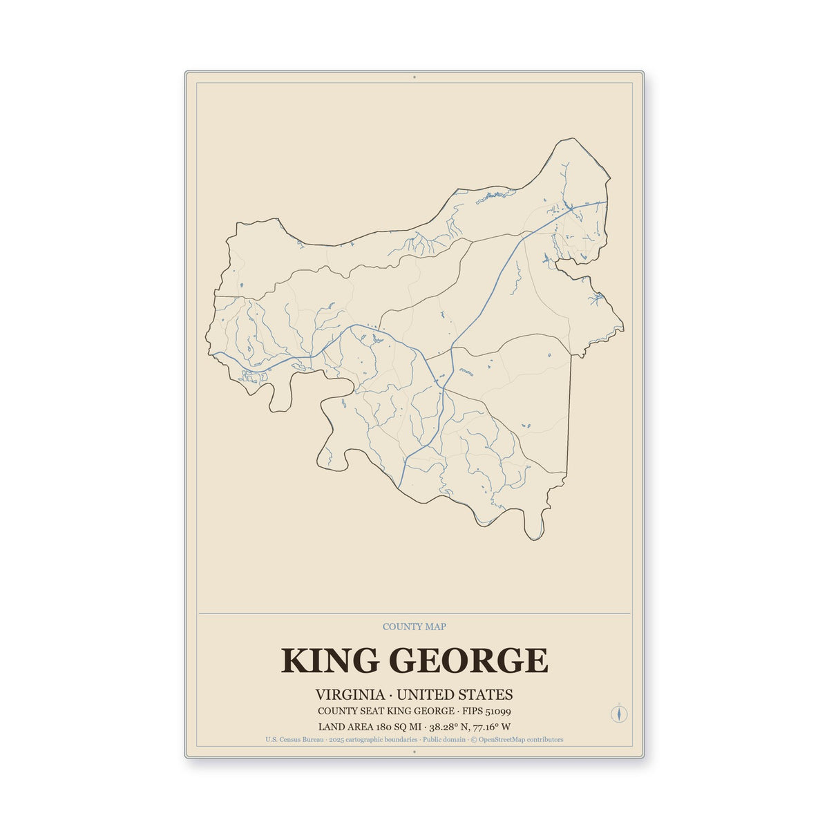 King George County, Virginia Map Aluminum Sign in Heritage Nautical style