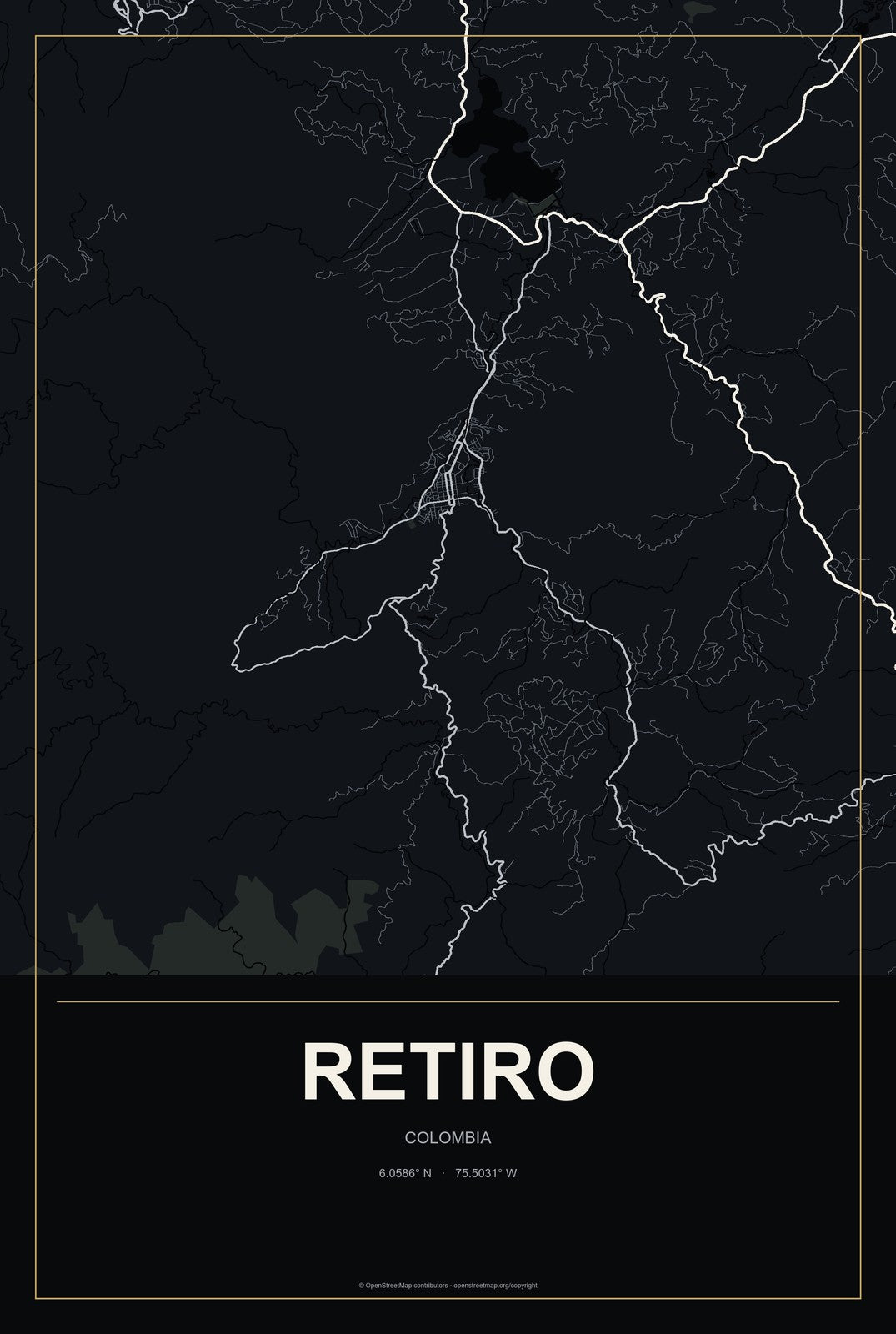 Retiro, Colombia City Map Aluminum Sign in Metropolitan Noir style