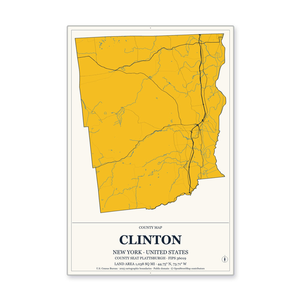 Clinton County, New York Map Aluminum Sign in Citrine Modern style