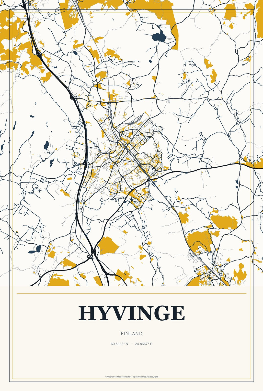 Hyvinge, Finland City Map Aluminum Sign in Citrine Modern style