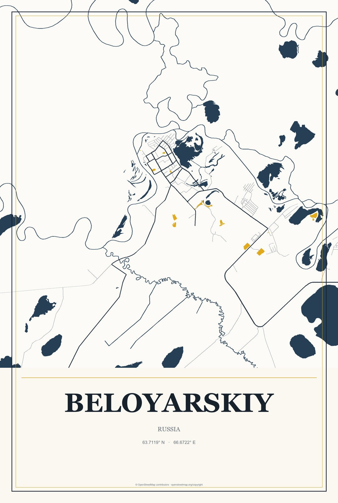 Beloyarskiy, Khanty-Mansia, Russia City Map Aluminum Sign in Citrine Modern style