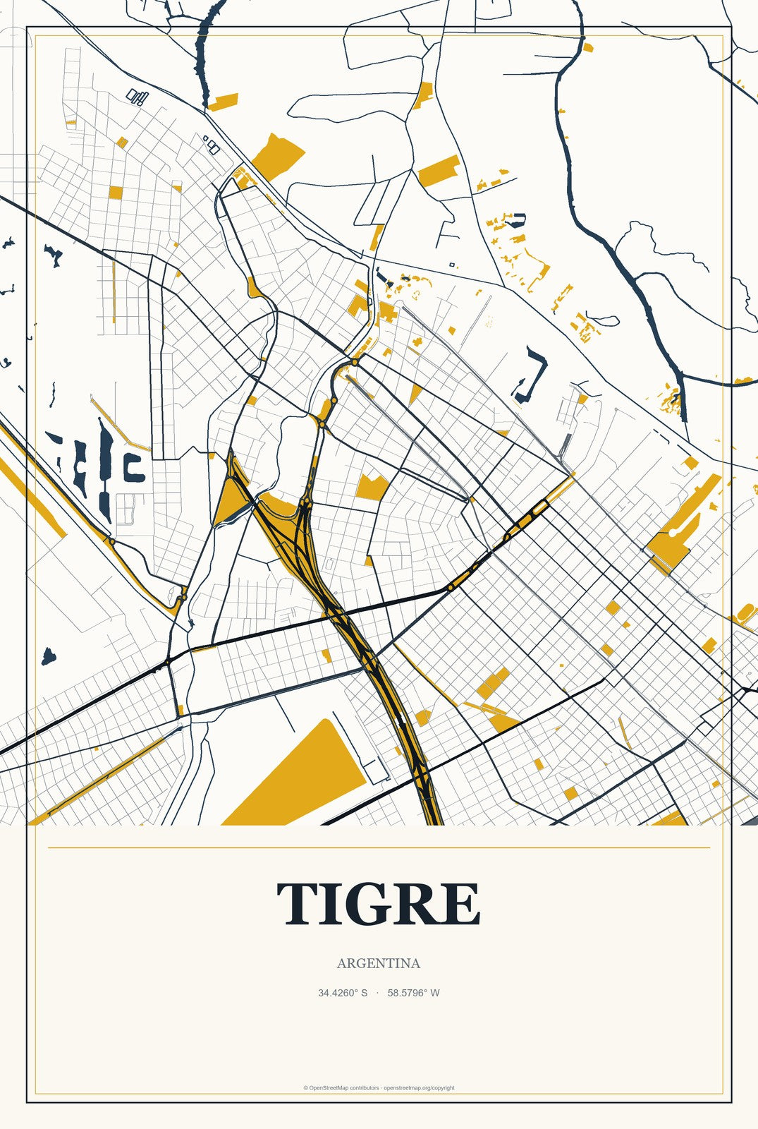 Tigre, Argentina City Map Aluminum Sign in Citrine Modern style