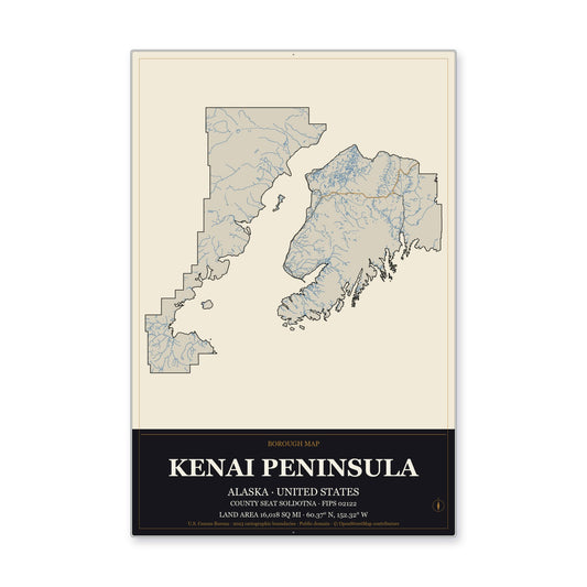 Kenai Peninsula Borough, Alaska Map Aluminum Sign in Museum Plaque style