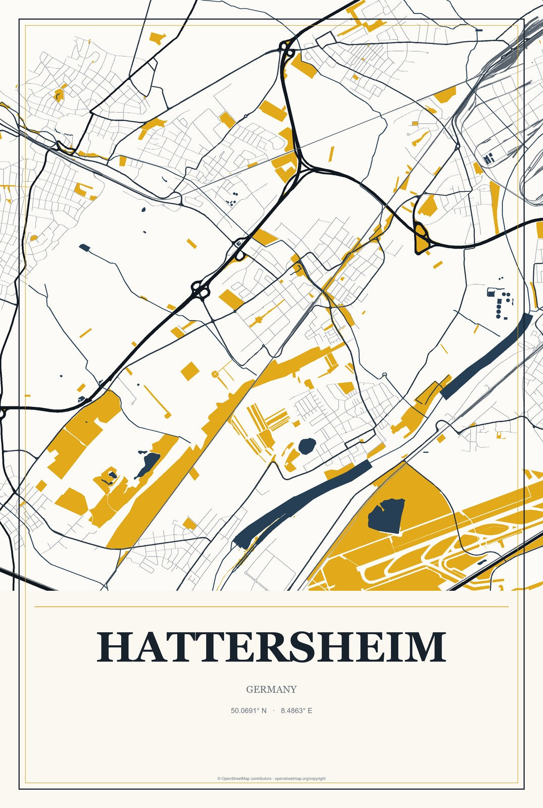 Hattersheim, Germany City Map Aluminum Sign in Citrine Modern style