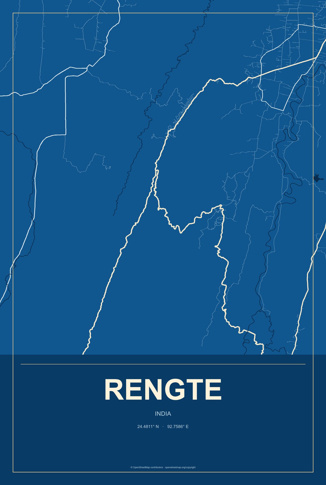 Rengte, India City Map Aluminum Sign in Harbor Cobalt style